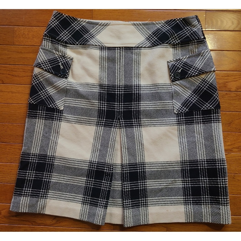Vtg 90's Talbots Wool Blend Skirt Ivory Black Plaid‎ Pockets Lined Schoolgirl 12